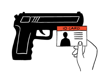 An illustration of a handgun and a cartoon hand holding an identification card.