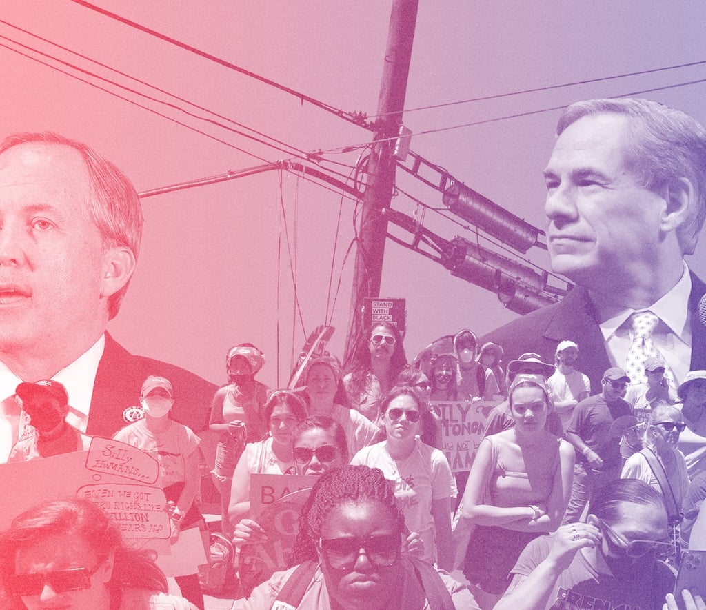 A composite image created from a photo of Dan Patrick and Greg Abbott, a photo of a protest, and a set of power lines, superimposed so the cables and politicians seem to tower over the protest. A red/blue filter tints the whole picture.