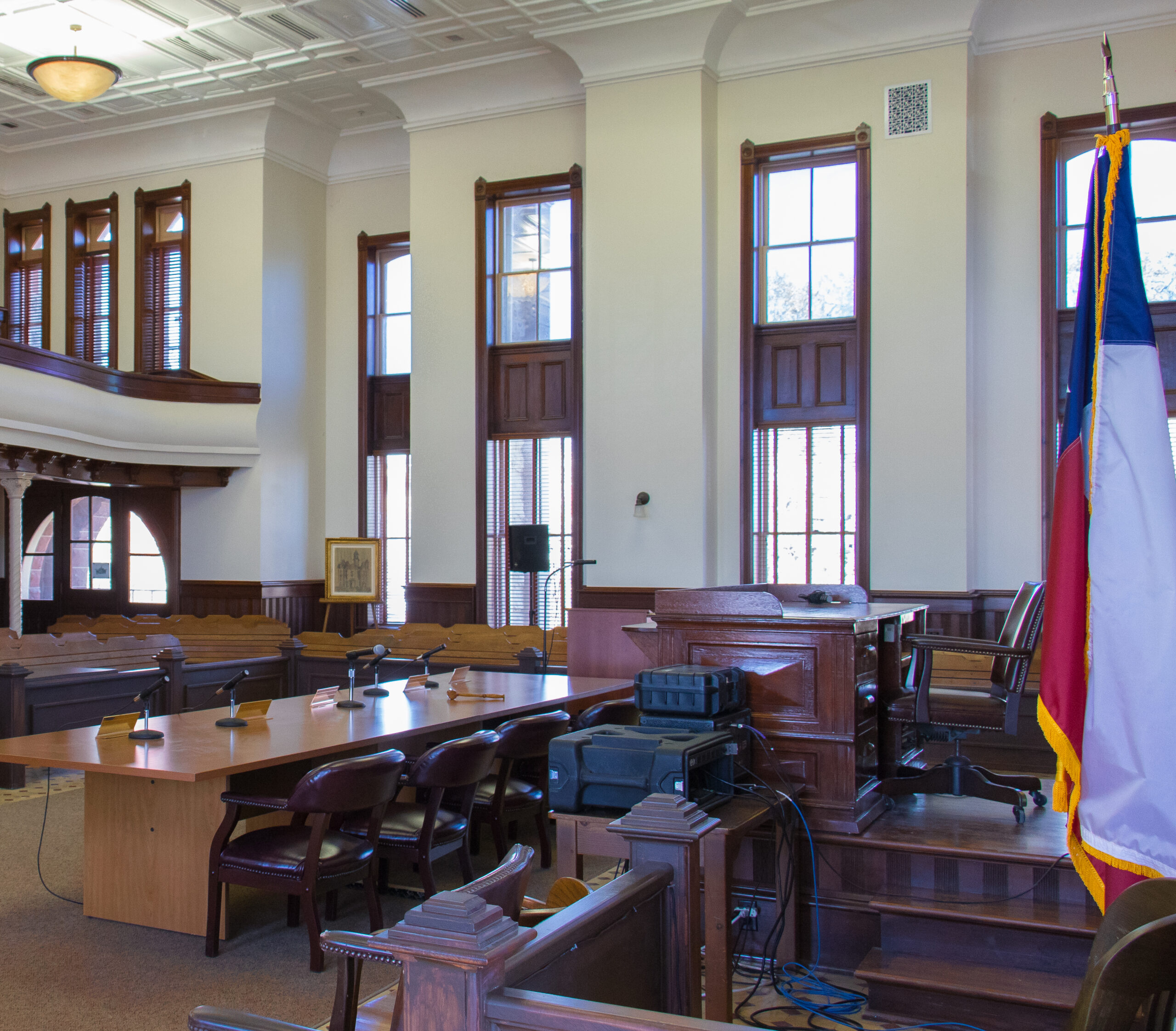 A typical Texas courtroom stands empty. Photographed in Lockhart.