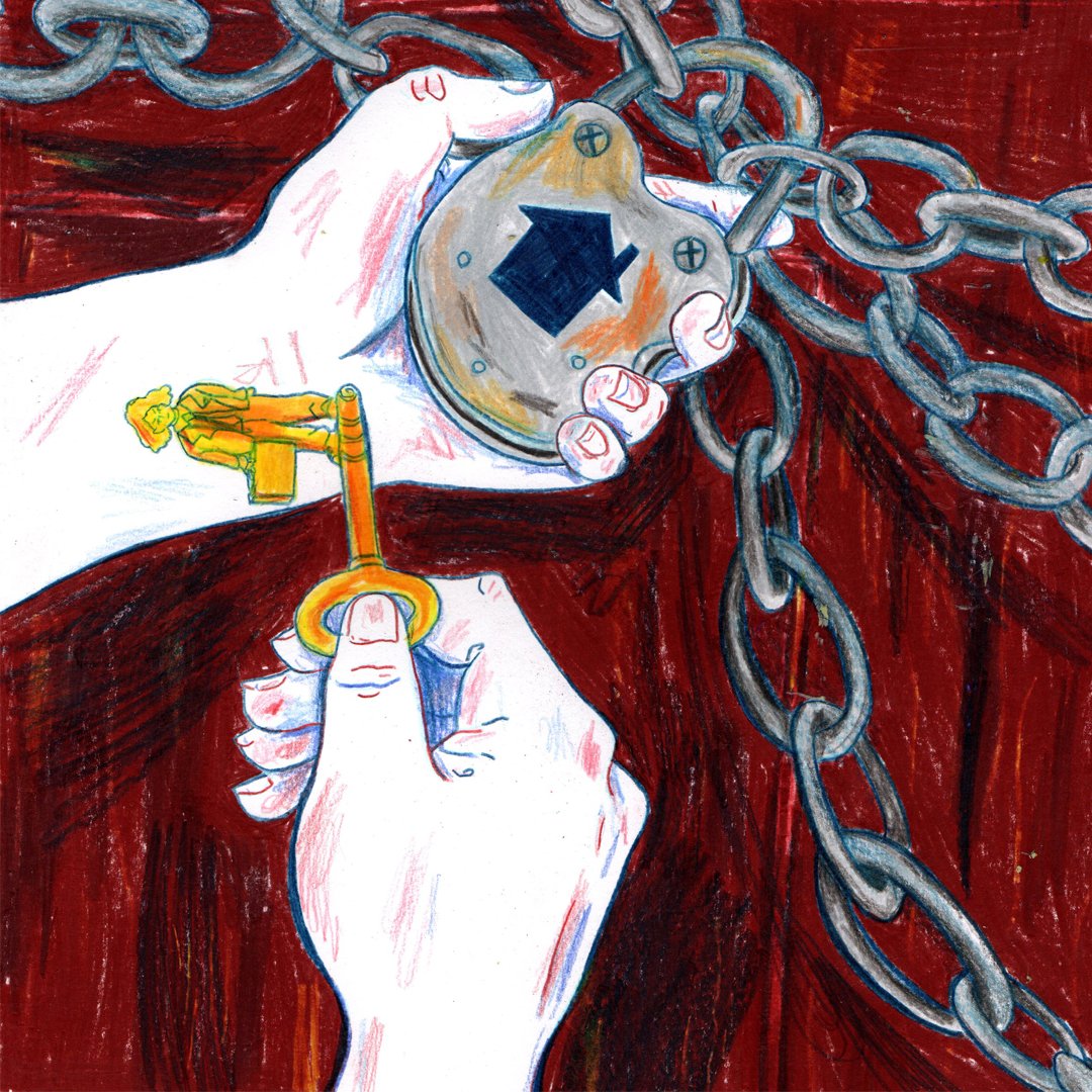 An illustration of a hand holding a padlock on a chain, but the keyhole is shaped like a house. In their other hand, they hold a golden key with the end shaped like a worker holding a suitcase. Although formerly incarcerated Texans have some protections when it comes to the job hunt, searching for housing is another matter.