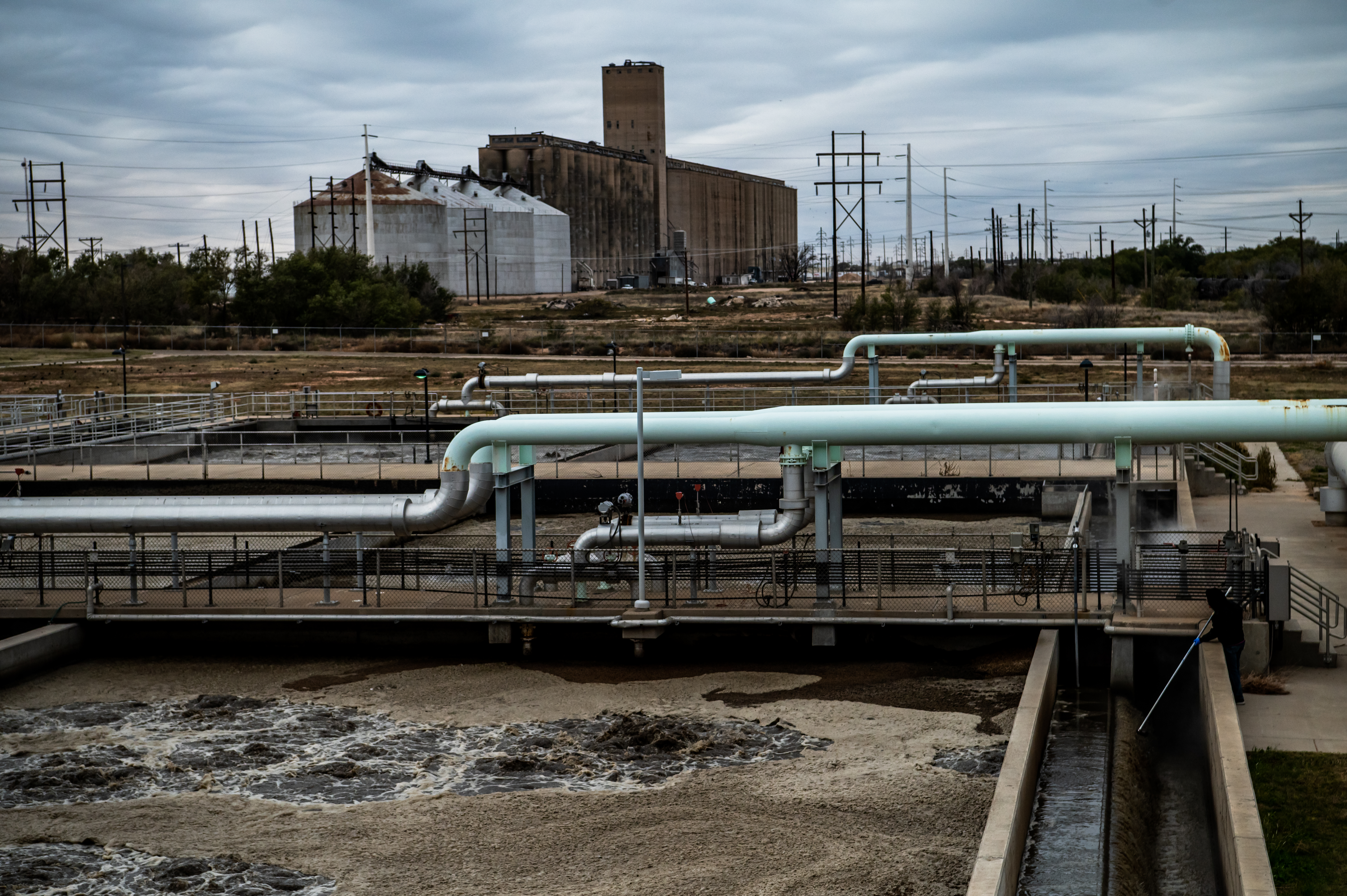 Industrial piping surrounds the sewage treatment plant in the City of Lubbock.