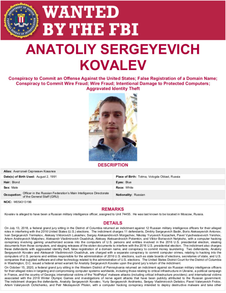 An FBI wanted poster for Anatoliy Sergeyevich Kovalev.