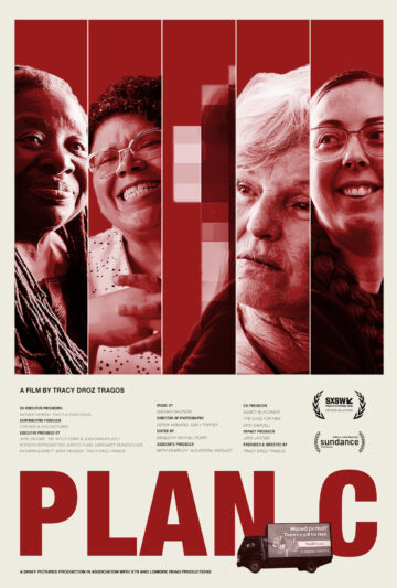 The Plan C poster shows the faces of 5 people interviewed for the documentary. The central face is pixelated so that they are unrecognizable.