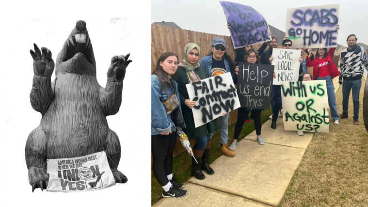 A composite image showing a pro-union inflatable rat on the left, with a photo of the Fort Worth NewsGuild on strike to the right.