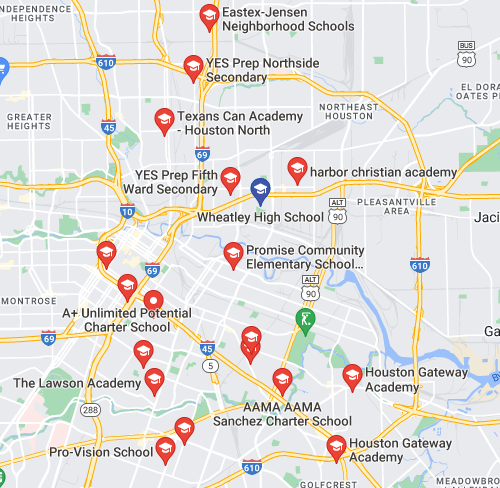 A Google Maps screenshot showing Wheatley High School in Houston, surrounded by charter schools, which are often less accessible to some students.