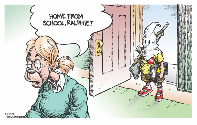 An image of a mother standing with her back to the door as her son comes back, declaring, "Home from school, Ralphie?" But Ralphie, apparently a middle school age boy, is holding an AR-15 and a bible, and wearing a NRA button and a Ku Klux Klan hood.