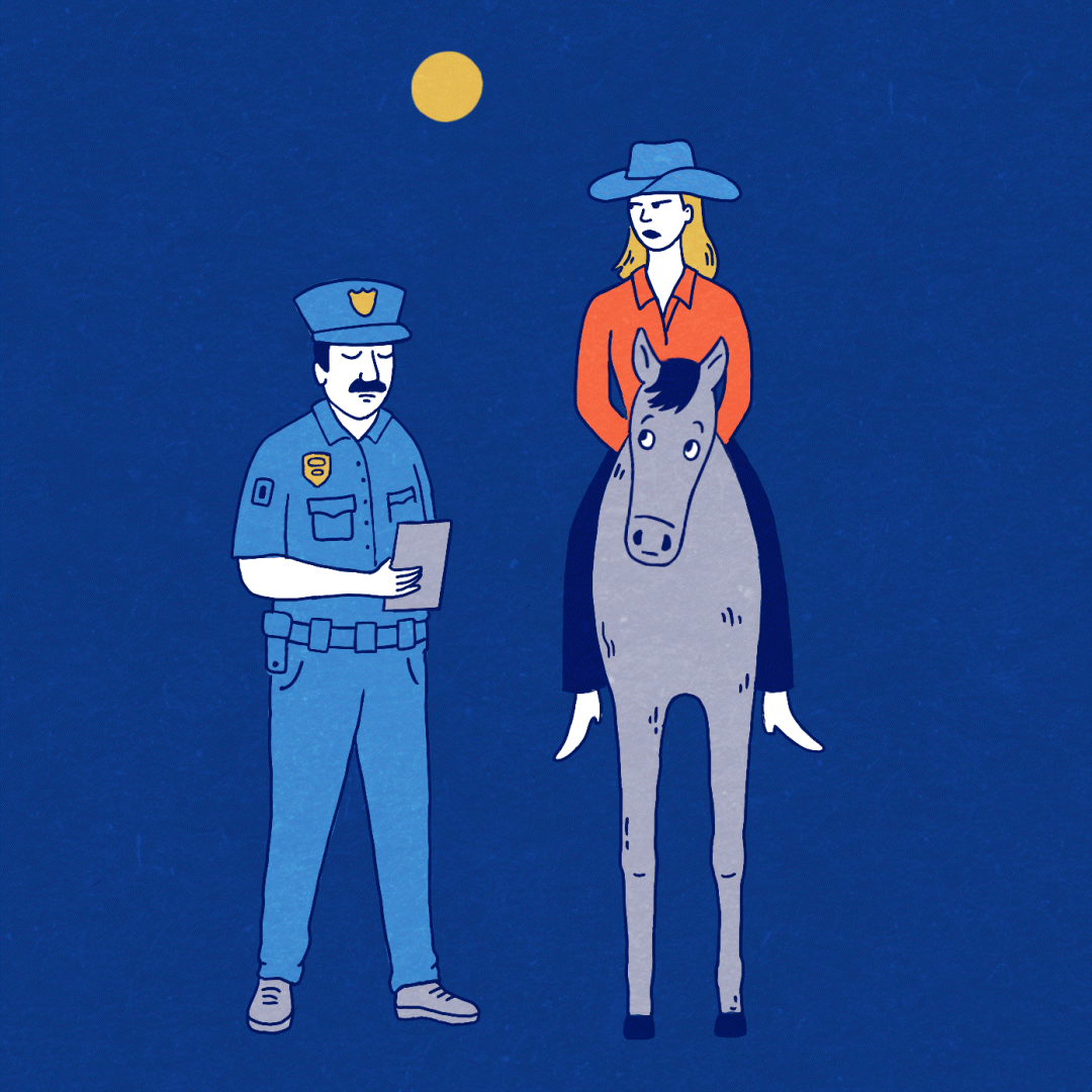 An animated gif of a police officer writing a ticket for a blonde woman on horseback. She looks annoyed, while the horse looks bewildered. A cloud passes by the moon in the background.
