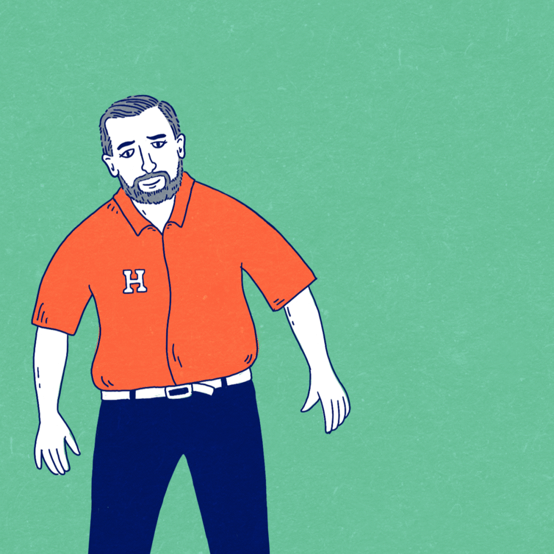 An animated gif of Ted Cruz, wearing an orange polo shirt emblazoned with an H, a white belt, and blue slacks. A can of White Claw alcoholic seltzer comes flying at Cruz from off-screen, striking his shoulder and making him grimace in surprise or pain.
