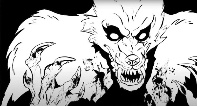 A dramatic black and white illustration of a werewolf, its muzzle open, proudly showing off its blood-stained fur and claws.