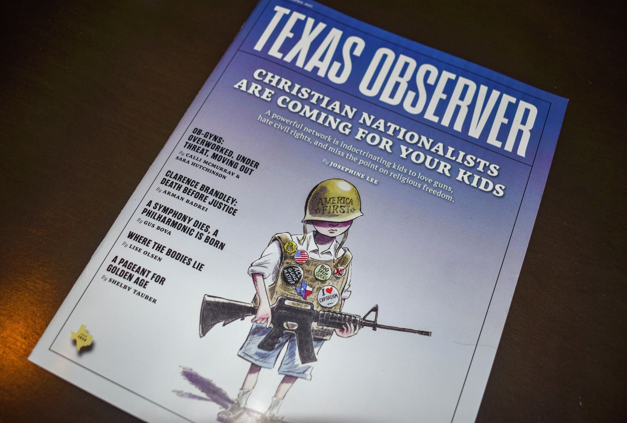 The March/April issue of the Texas Observer, featuring some of our best work in 2023. The cover depicts a cartoon of young boy dressed as a militia member.