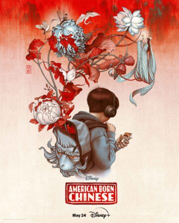 A poster for American Born Chinese shows a young person wearing headphones and looking at their phone, but an ornate mythical scene, including fantasy flowers and a tiny floating princess, is growing out of their backpack.