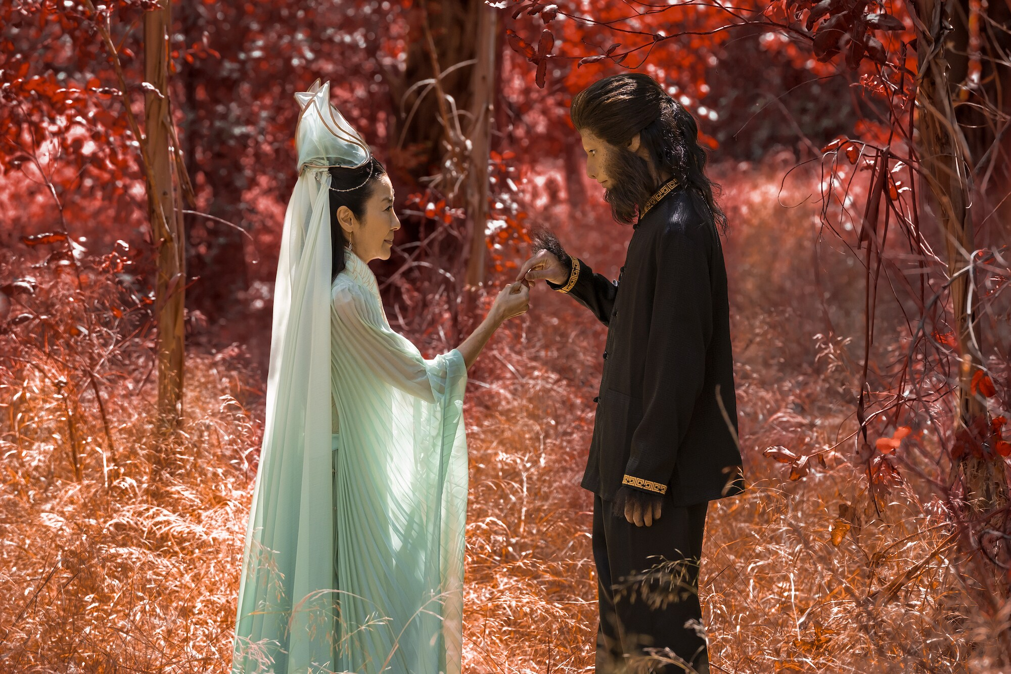 A woman in a white dress and headdress touches hands with a monkey-like human in a dark outfit with gold collar and cuffs. They are standing in a woodland with rich red lighting on its foliage.