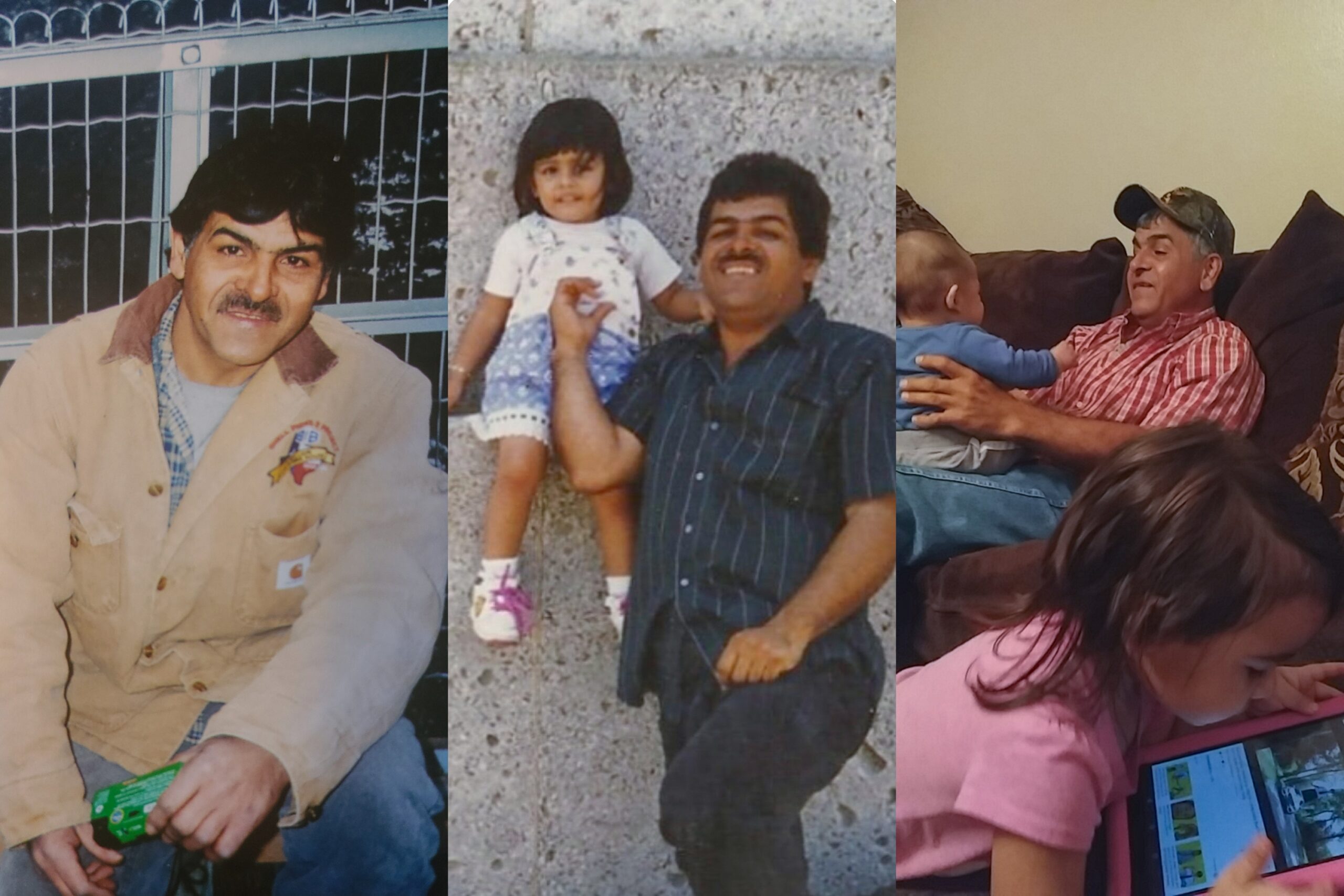A collage of three pictures of Antelmo Ramirez. First, he poses for a portrait, then he poses with his young daughter, and last he plays with his grandkids.