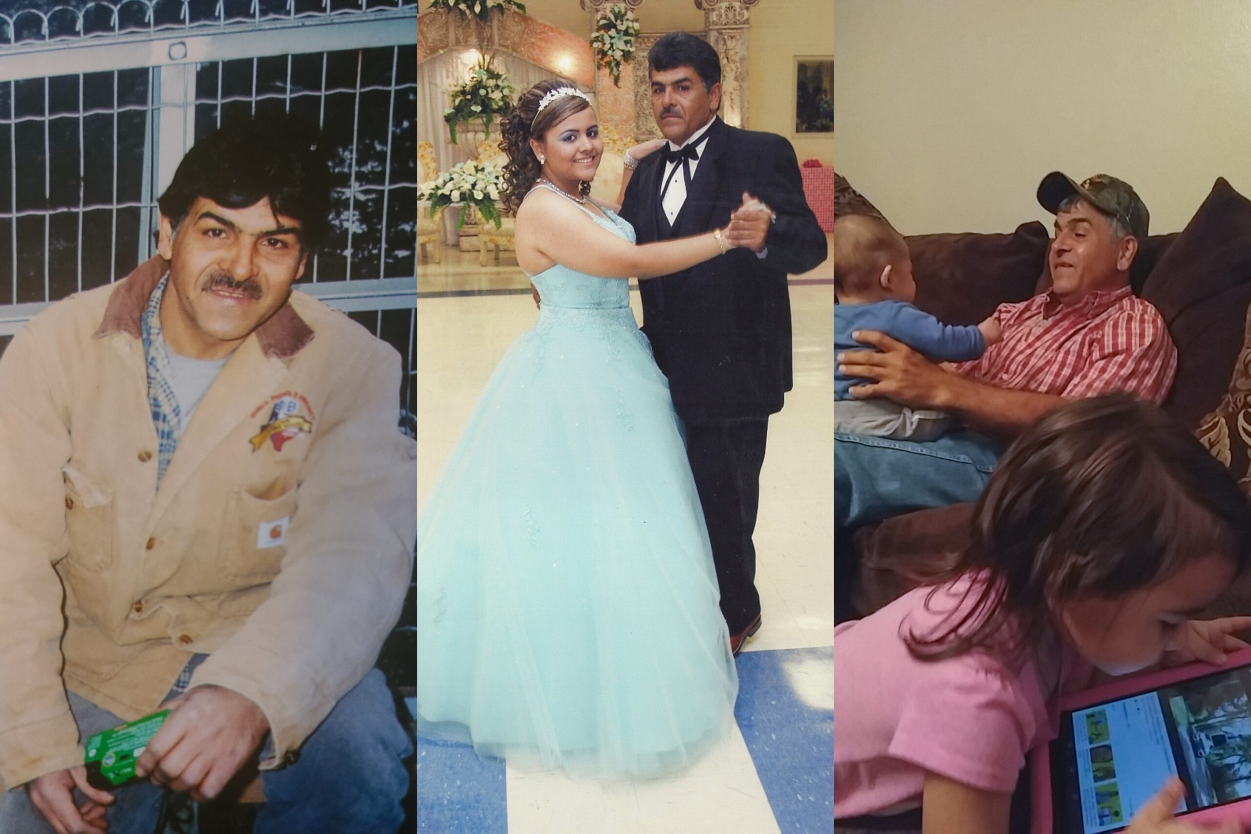 A collage of three pictures of Antelmo Ramirez. First, he poses for a portrait, then he dances with his daughter at her 15th birthday, and last he plays with his grandkids.