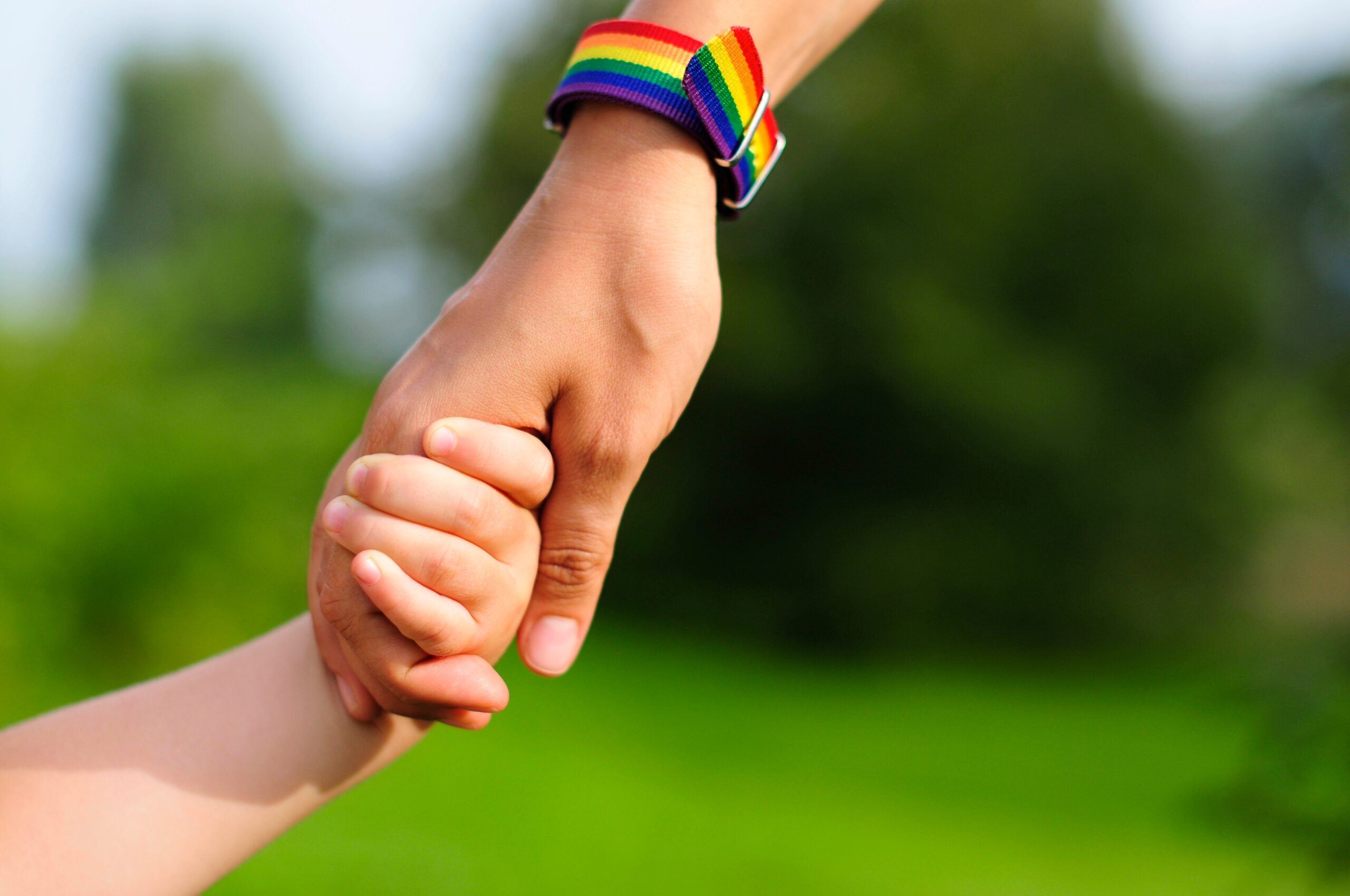 A adult hand holds the hand of a child, with the adult's hand wearing a rainnbow Pride bracelet.