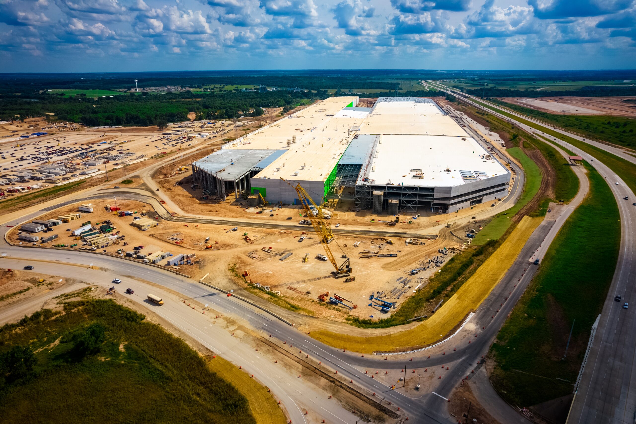 An aerial drone shot of the Tesla Gigafactory under construction in September 2021