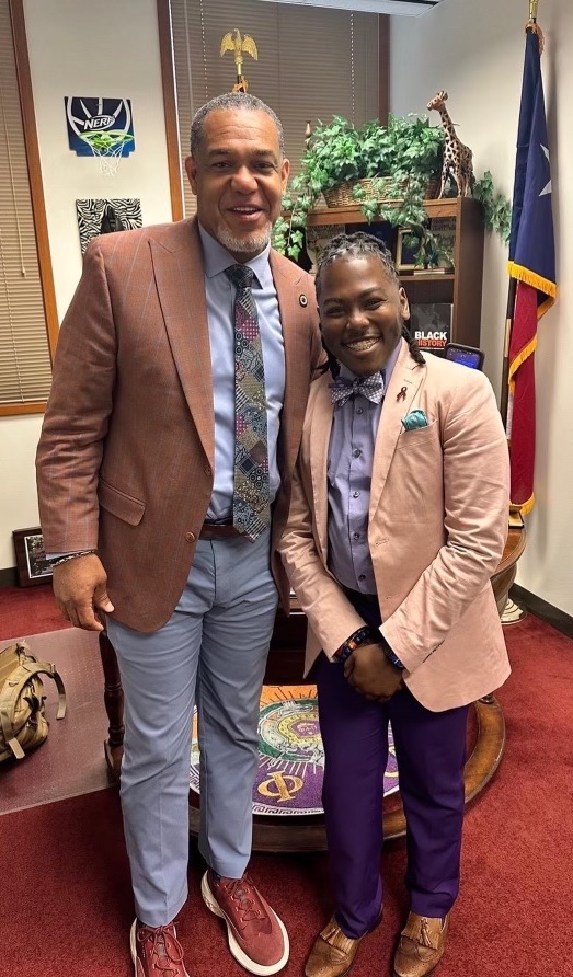 Representative Jarvis Johnson, author of the sickle cell bill, poses with André Harris Marcel, an advocate for sickle cell disease patients.