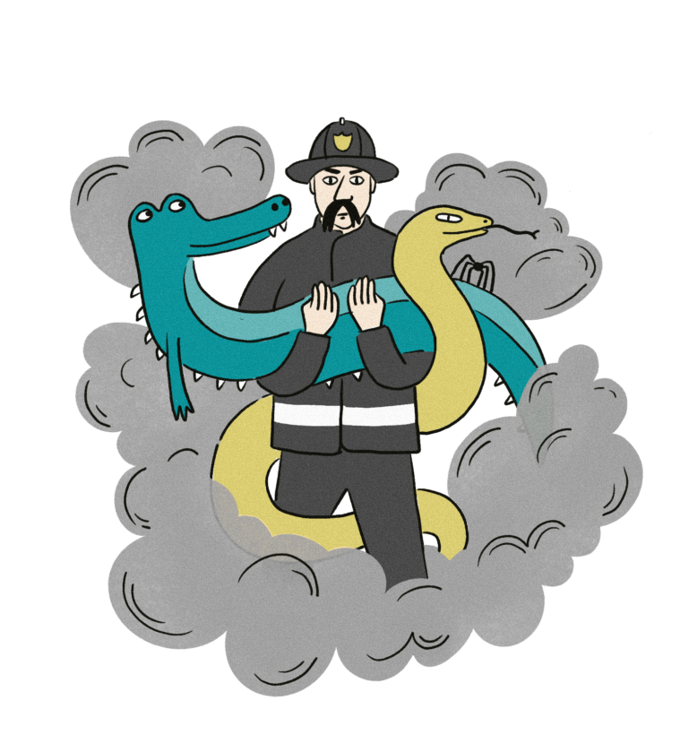 Cartoon: A mustached firefighter in uniform clutching a crocodile and a snake amid smoke.