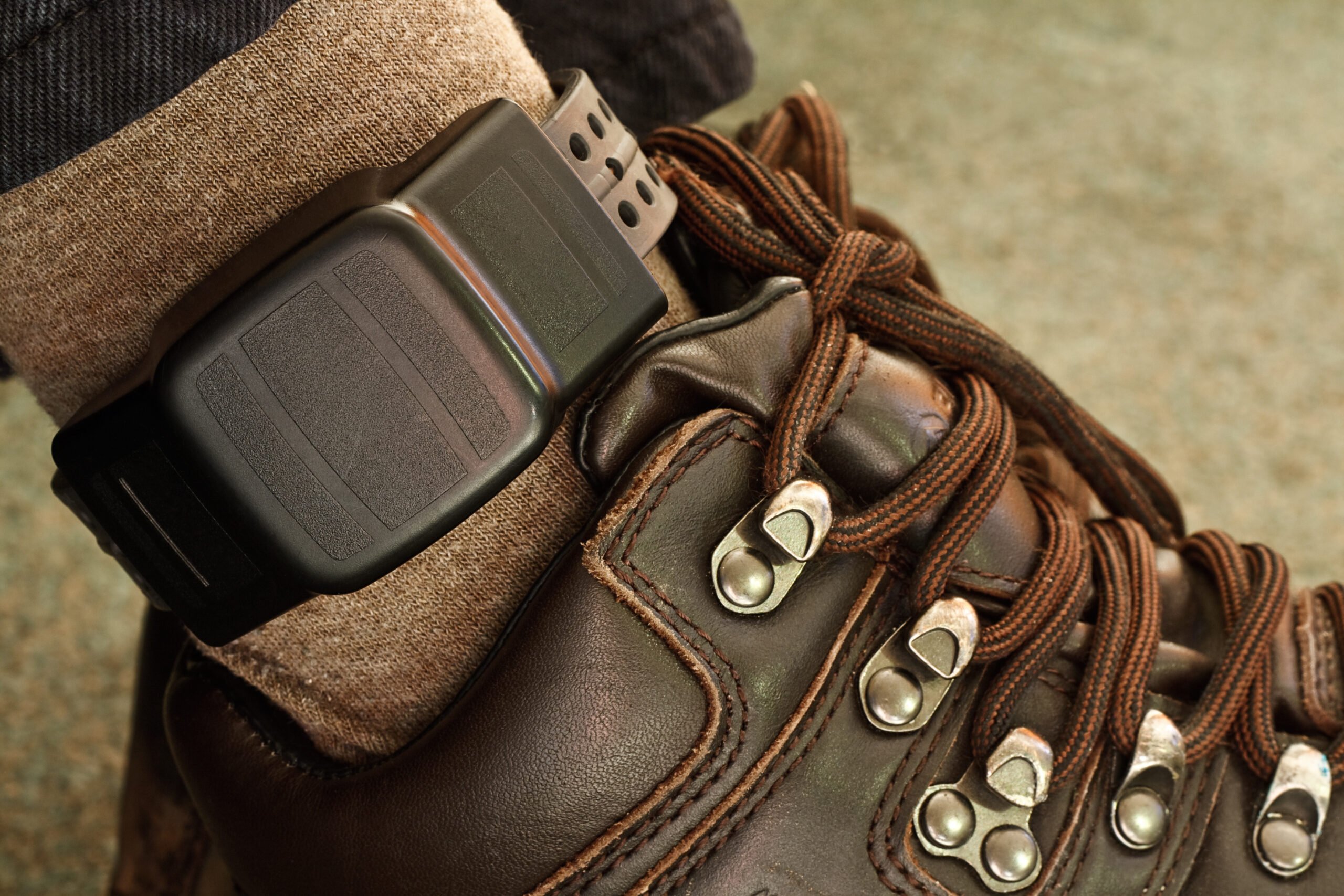 A stock photo of a GPS monitoring anklet, such as the kind used by people on probation or parole in Texas. It's worn on the ankle, above a brown hiking boot and looks a little like a smartwatch with a blank screen.