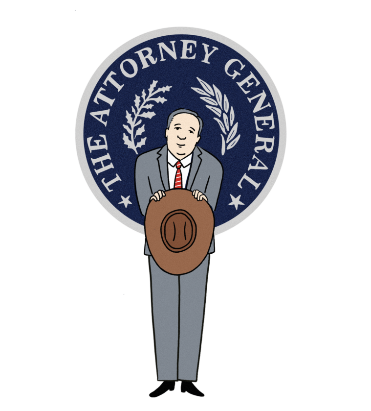 Cartoon: A contritely smiling Ken Paxton in a suit, holding a cowboy hat in his hands, with the Texas Attorney General's seal behind him.