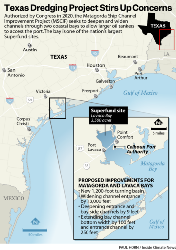 A diagram showing Matagorda and Lavaca Bays in the Gulf of Mexico, site of future plans for dredging by the U.S. Army Corps of Engineers, despite the location being a massive superfund site.