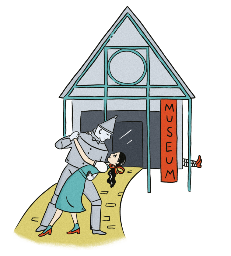 Cartoon: The Tin Woodsman dips Dorothy as they dance on a Yellow Brick Road leading into a glass, a-frame building labeled "Museum". 