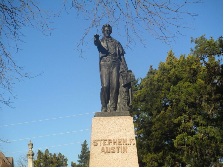The Stephen F. Austin memorial at the Texas State Cemetery depicts Austin standing, holding an arm aloft pointing dramatically into the future.