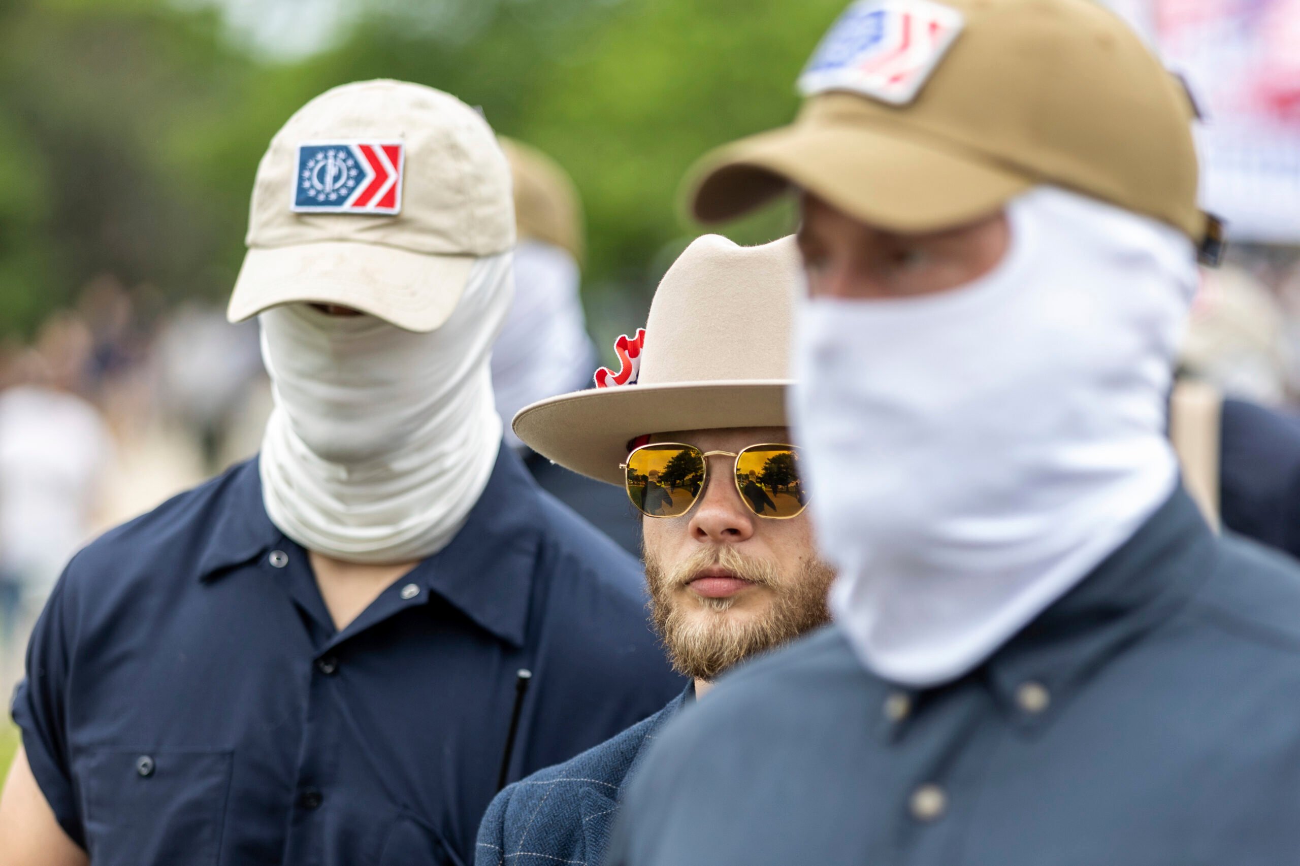 Patriot Front founder and de-facto leader Thomas Rousseau leads a march of Patriot Front members in Washington, D.C. 0n May 13, 2023