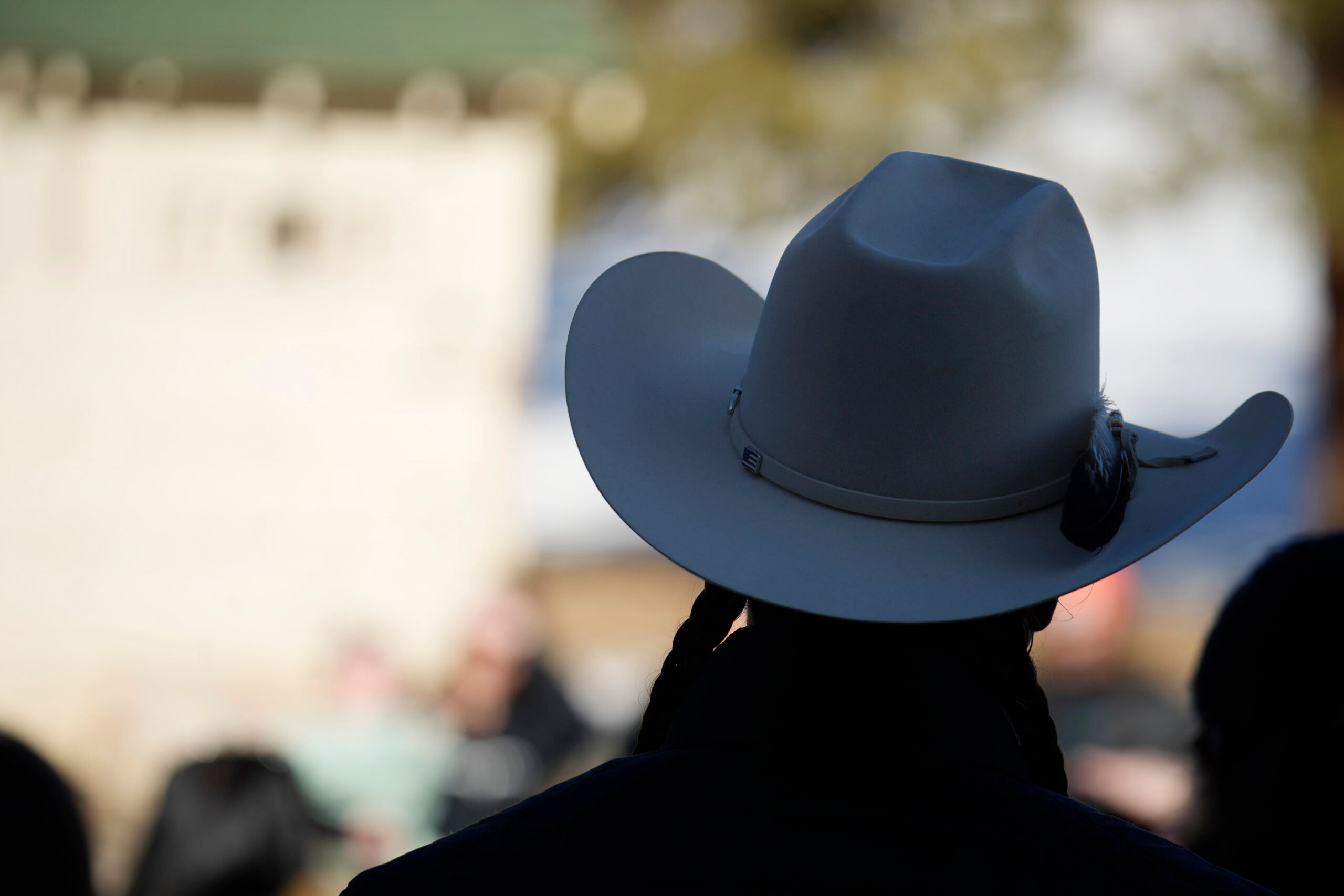 A person in a cowboy hat and a braid is seen, partly in silhouette, from behind in a crowd outdoors.