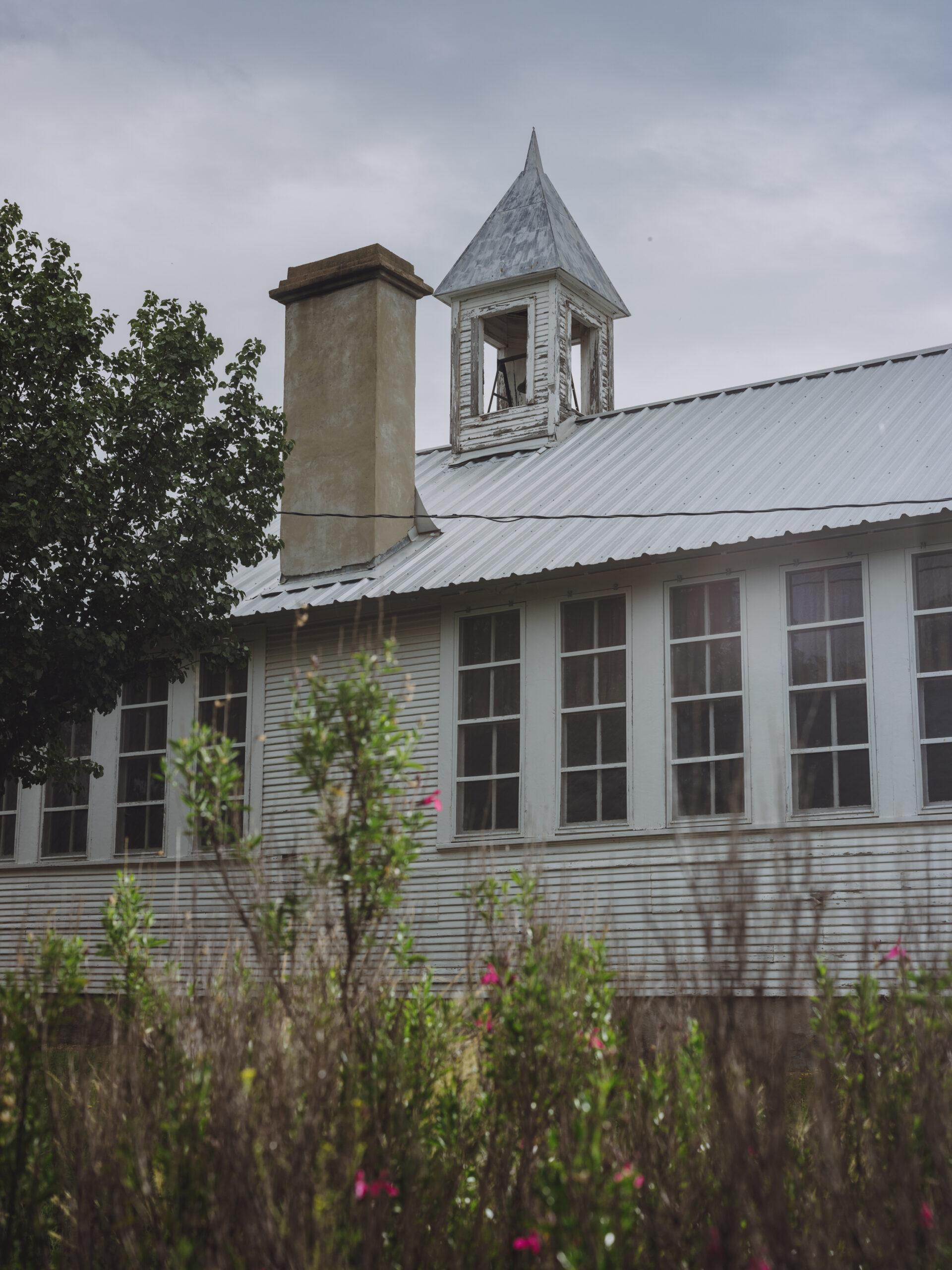 Small pink wildflowers grow in the foreground, while in the background a large chapel, with peeling white paint, rests under a cloudy sky in Castell.