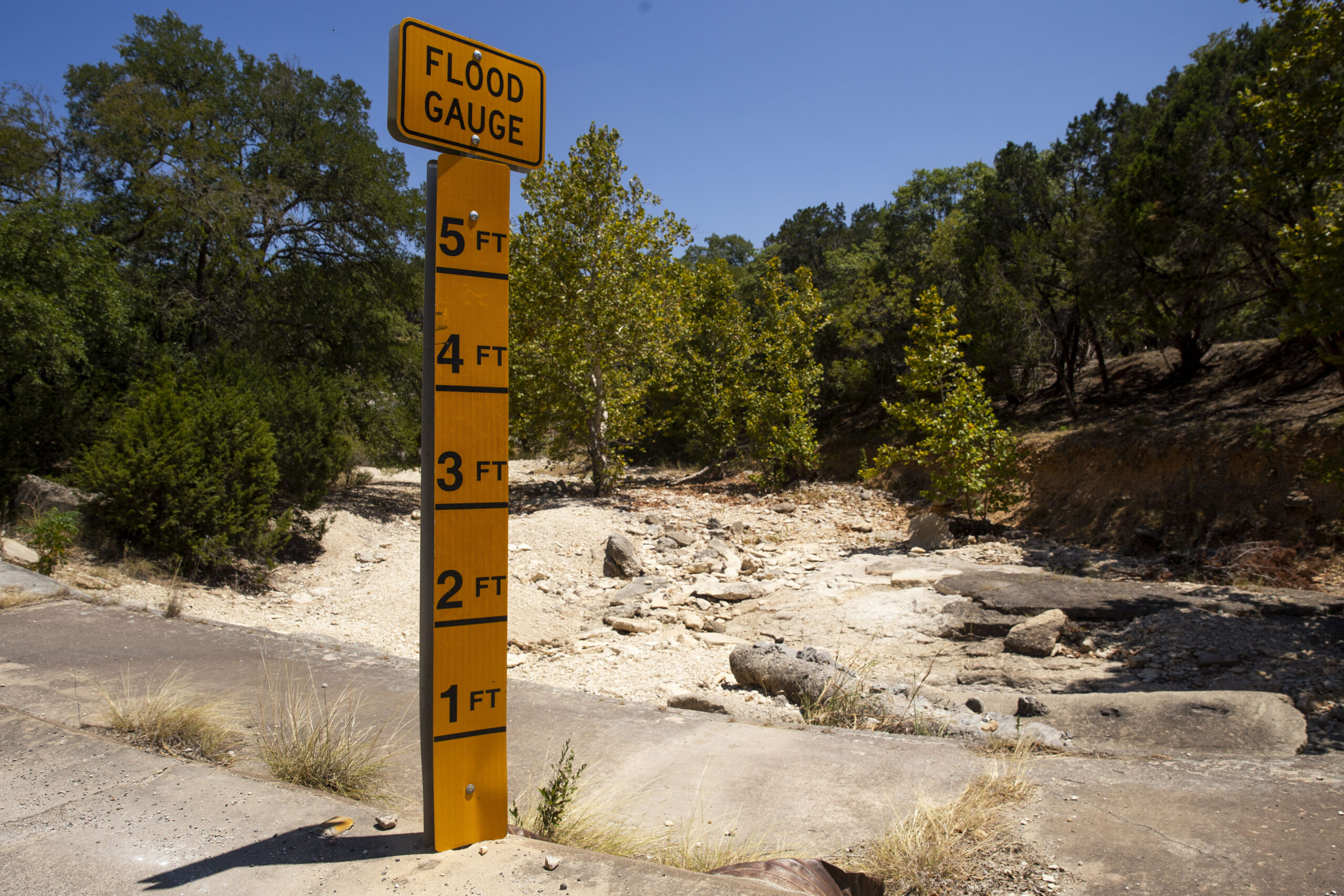 A flood gauge stands next to an entirely dry creek bed, bordered by a forest.
