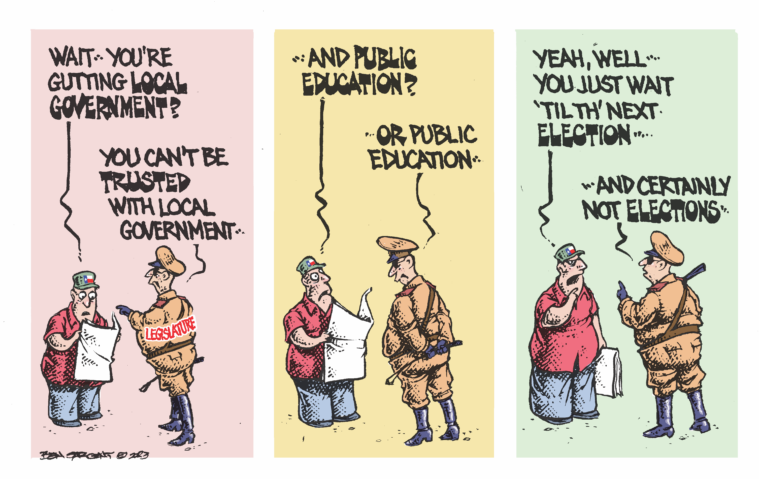 An older man in a Texas flag cap is reading a newspaper, confronted by a dictatorial looking person labeled "Legislature." Man: Wait, you're gutting local control ... Lege: You can't be trusted with local government ... Man: And public education? Lege: Or public education ... Man: Yeah welll ... You just wait 'til th'next election— Lege: ... And certainly not elections.