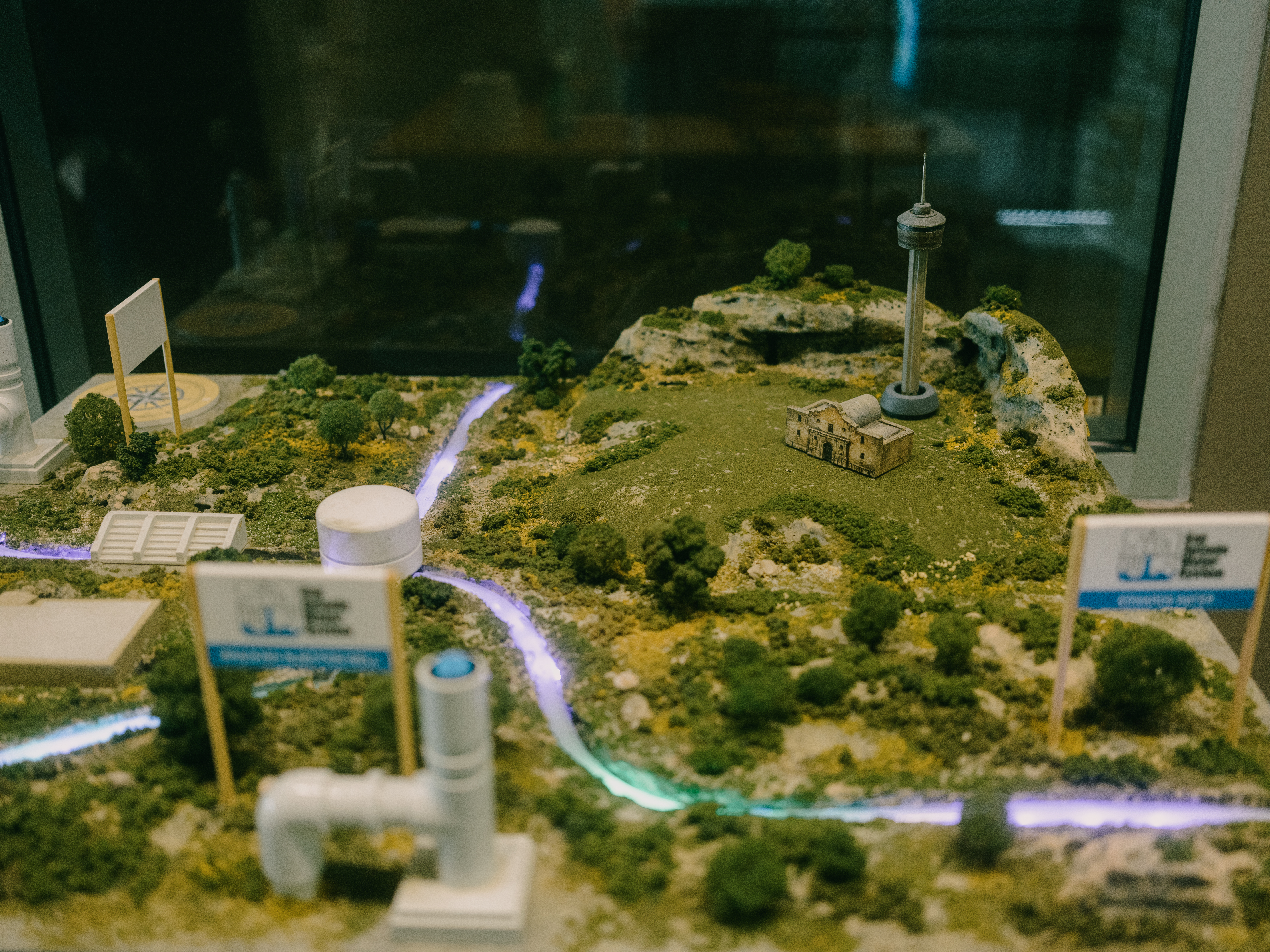 In the lobby of the city's main water distribution plant, a model—complete with a tiny Alamo and Tower of the Americas—shows San Antonio's water system. 