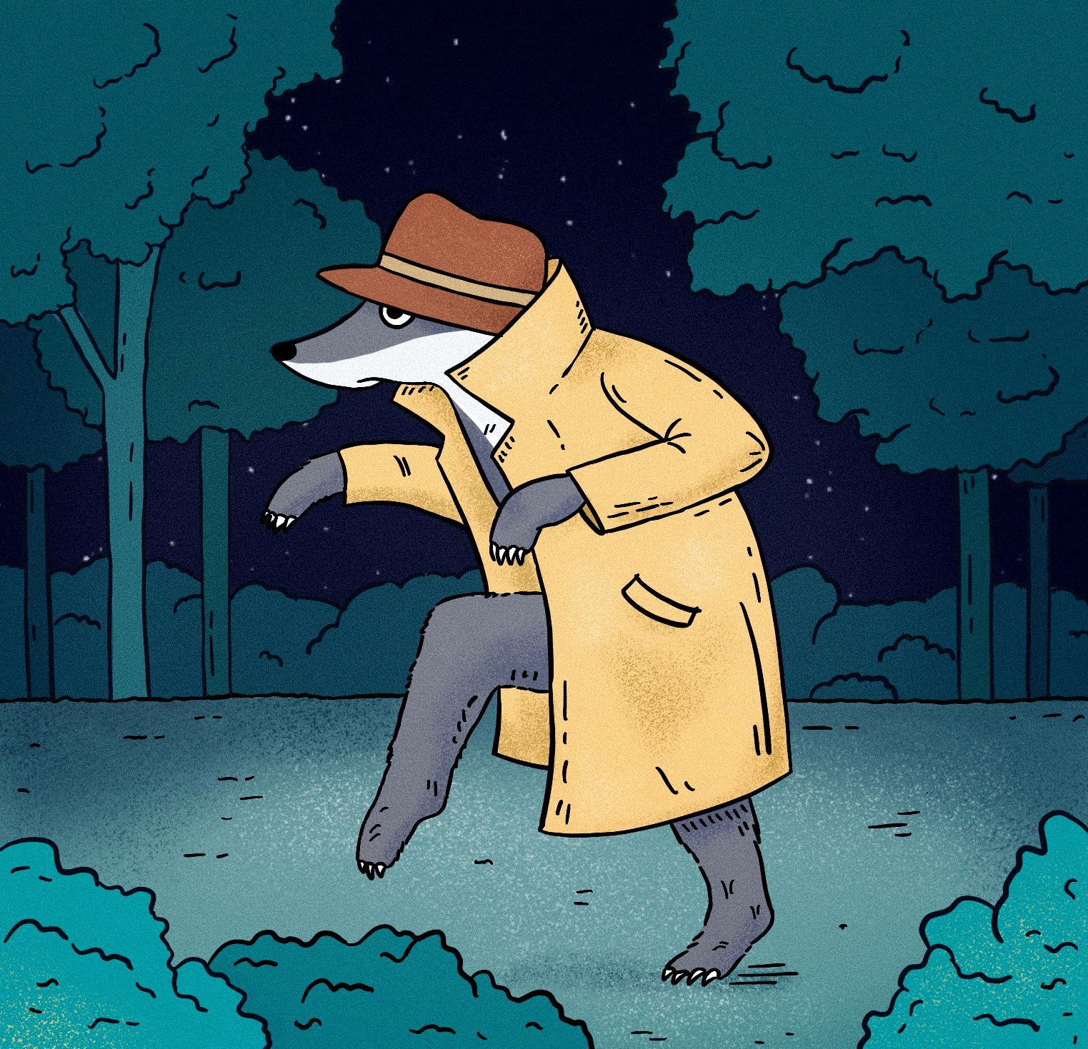 A cartoon badger creeps through the forest in a trenchcoat and fedora.