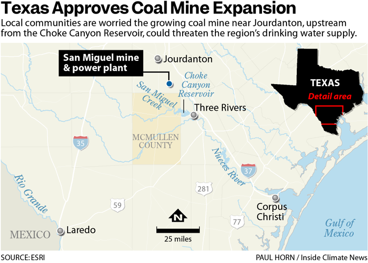 A map showing the location of the San Miguel mine and power plant next to the Choke Canyon Reservoir, the San Miguel Creek, and Nueces River