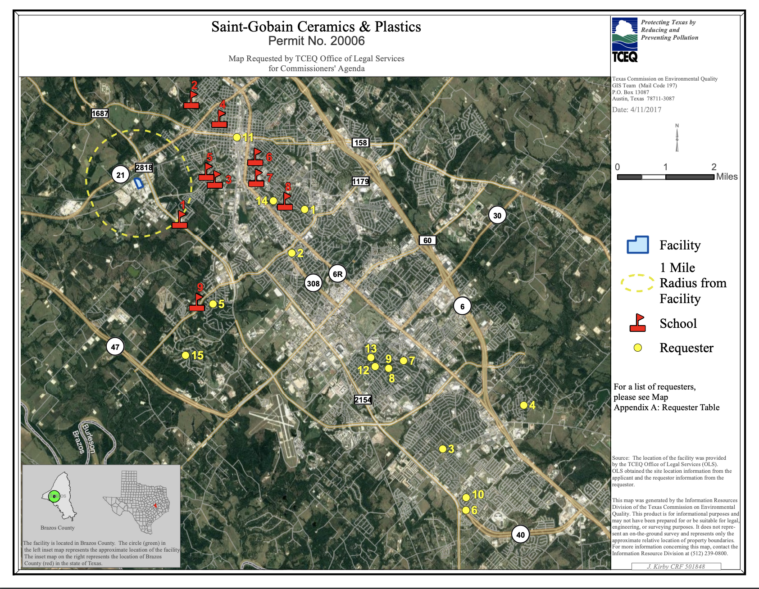 A map used in TCEQ hearings over a plastics industry development, showing the 1-mile rule in action, with a 1-mile radius around the proposed development outlined in yellow dotted lines.