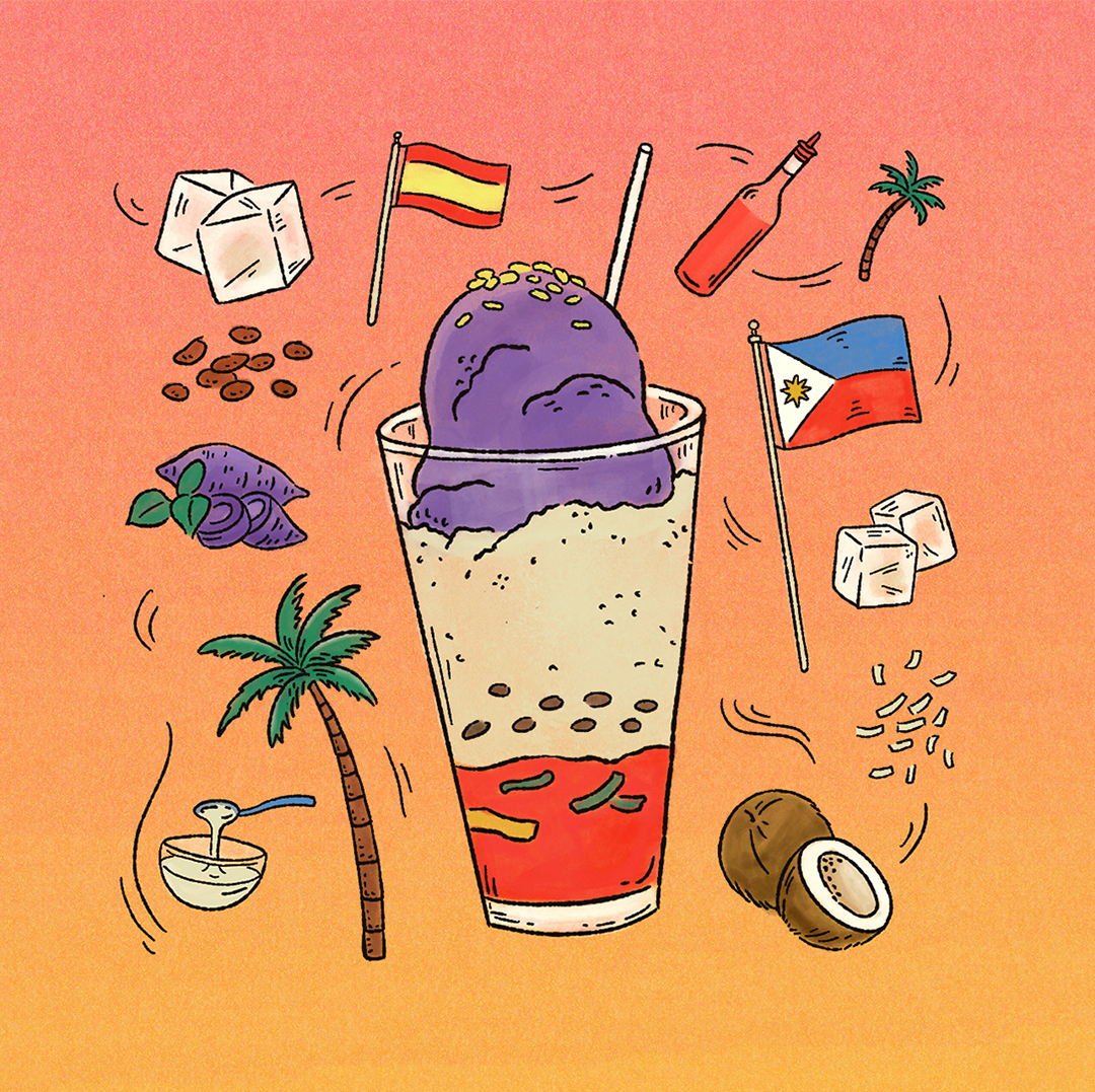 An illustration of a colorful glass of shaved ice treat, surrounded by iconography of the dessert as well as Houston's diverse immigrant population.