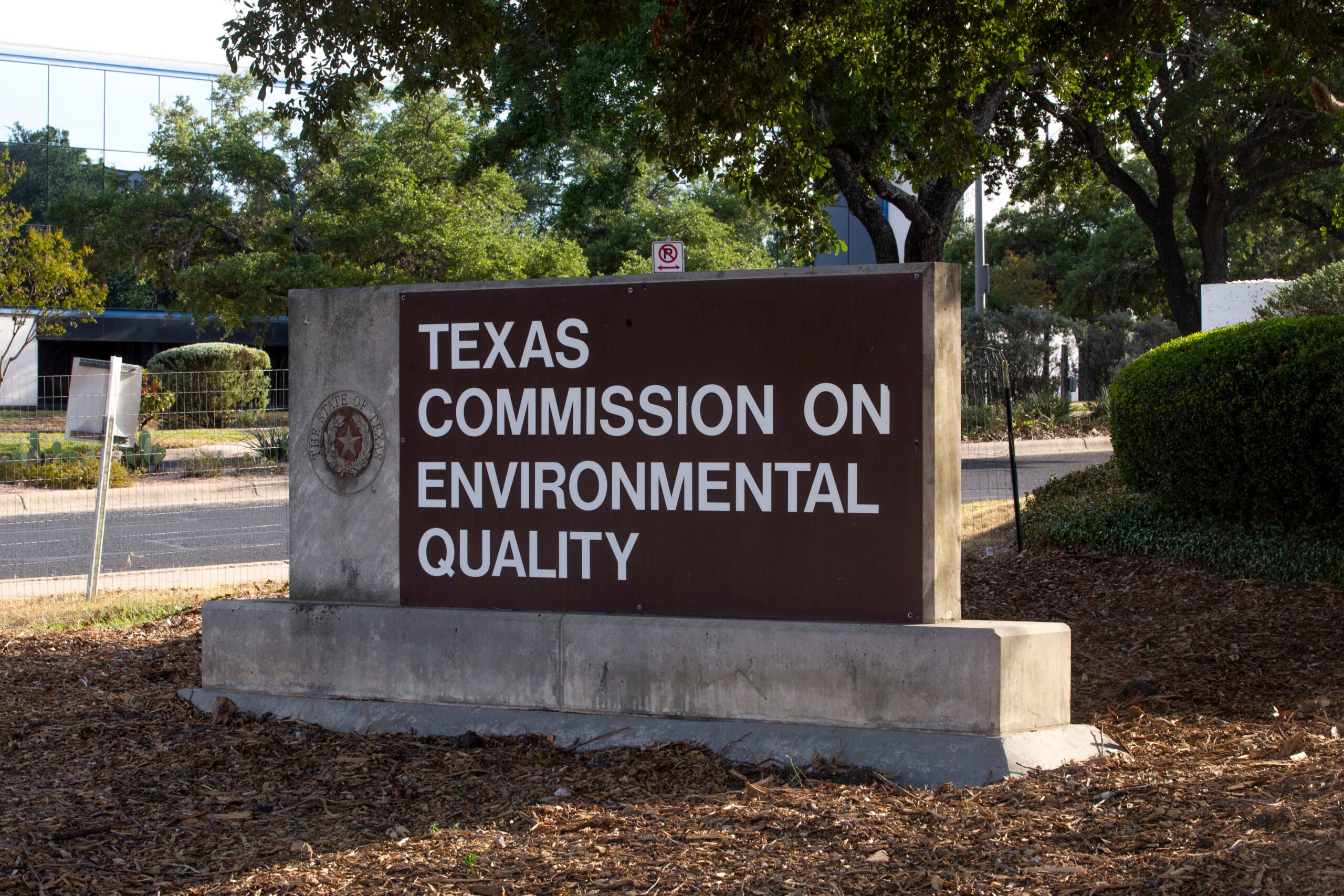 The sign outside the Texas Commission on Environmental Quality headquarters in Austin, Texas.