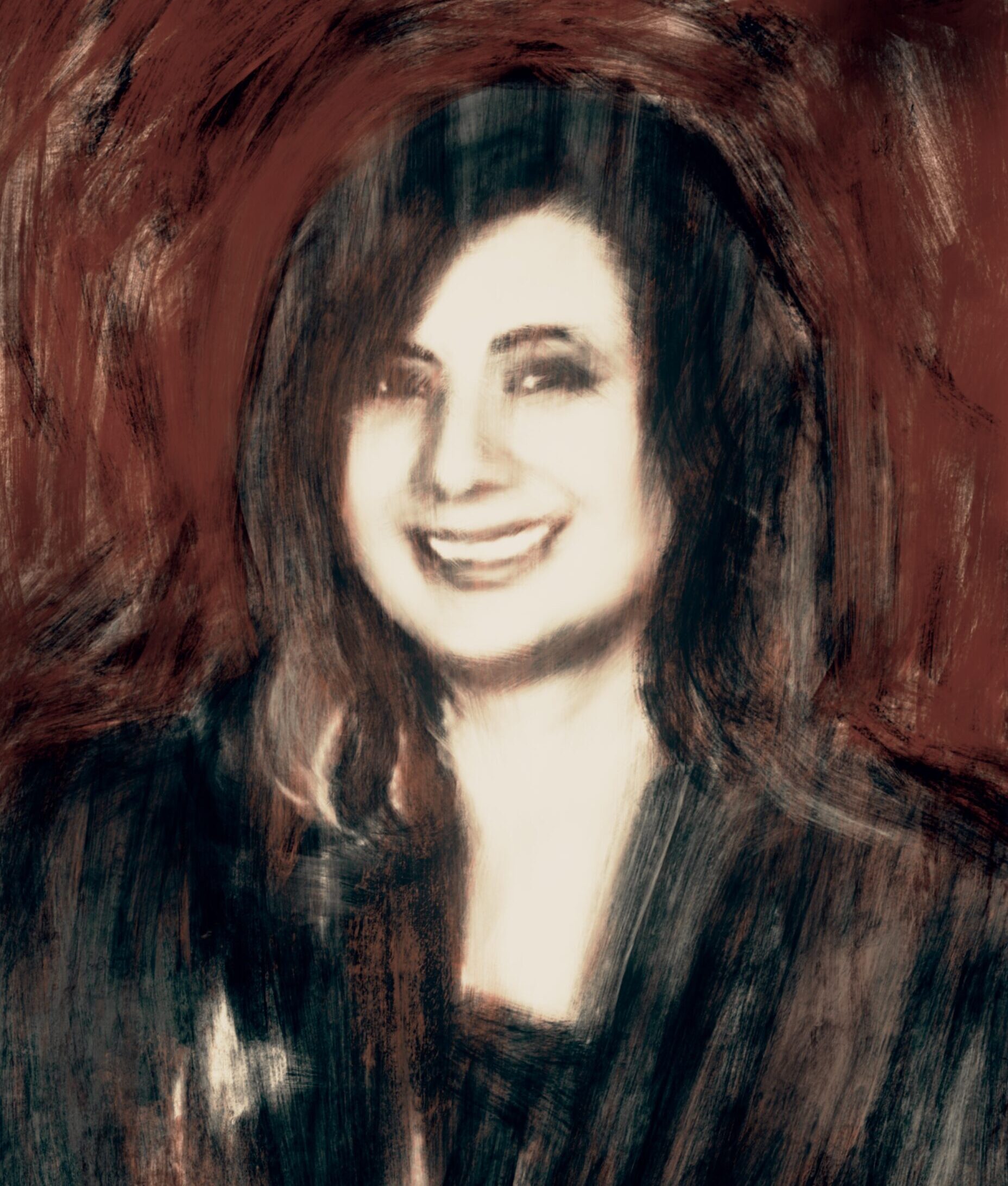 An illustration of Sopi Sullivan, a smiling white woman with brown hair, carefully groomed eyebrows and crescent shaped smiling eyes.