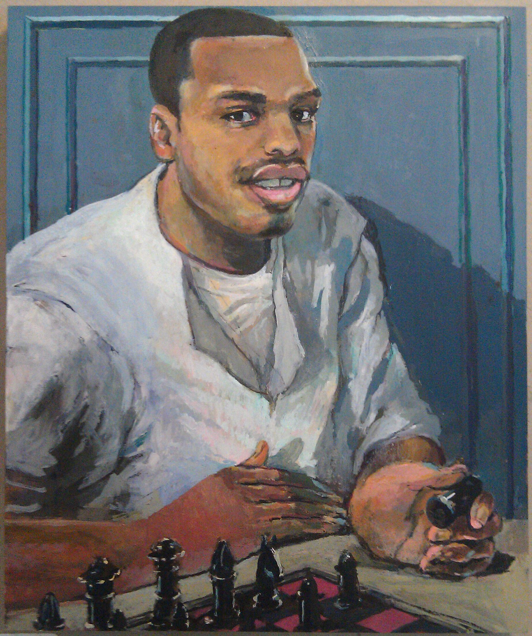 A painting of Christopher Young, a Black man with short hair, a thin mustache, wearing prison whites. He is seated at a chess table, holding a rook.