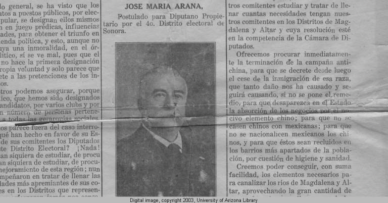 A newspaper clipping showing a portrait of a Mexican-American man, José-María Arana. He has a graying moustache and is wearing a suit.