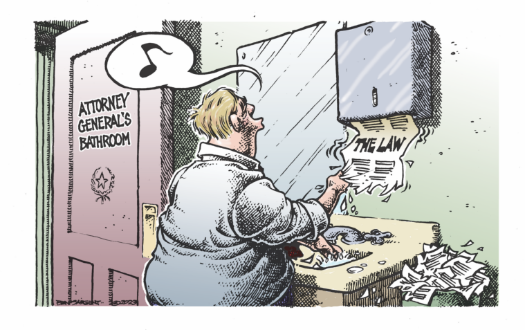 A cartoon image showing Ken Paxton in the Attorney General's private bathroom at the Texas legislature or similar governmenrt building. He whistles a cheerful tune as he dries his hands on shreds of paper labeled "The Law" as a substitute for paper towels from his bathroom's wall dispenser.
