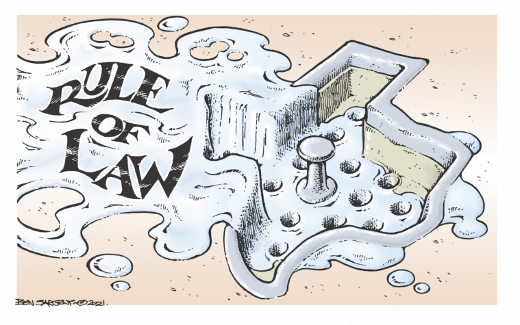 A cartoon image of water (labeled "Rule of Law") dribbling down the holes of a Texas-shaped drain plug.