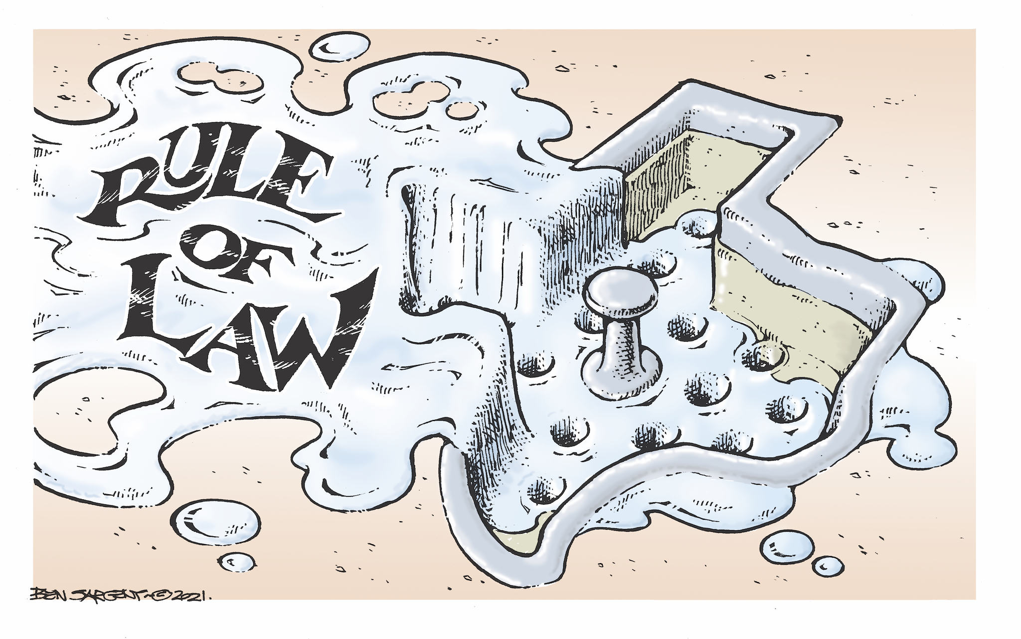 A cartoon image of water (labeled "Rule of Law") dribbling down the holes of a Texas-shaped drain plug. 