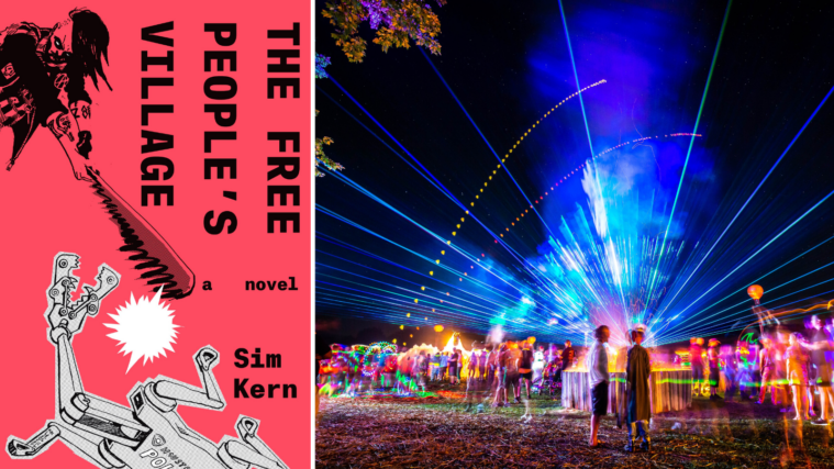 A composite image, showing an outdoor music party glowing with lasers and colorful people on the right, and on the left the cover of The Free People's Village by Sim Kern, which shows a punk smashing a police robot with a baseball bat.