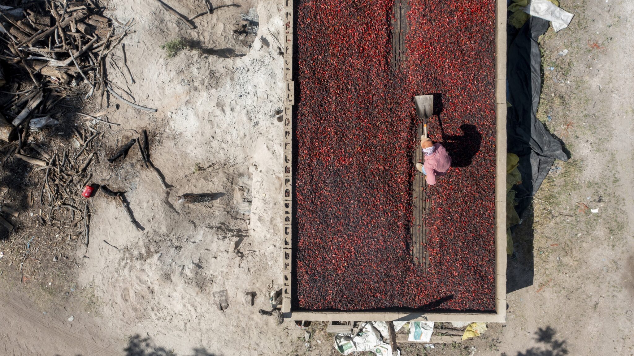 Seen from overhead, a worker shovels a massive firepit full of bright red and black drying peppers.