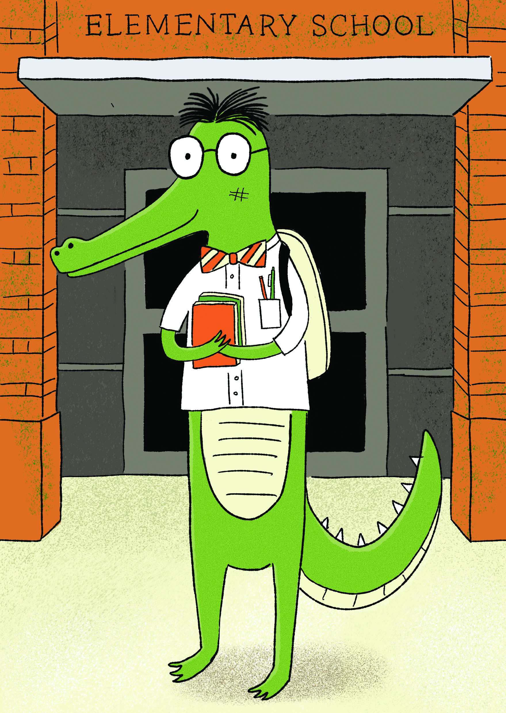 A cartoon drawing of a "nerdy" alligator standing on two legs, complete with messy haircut, nerd glasses, a bow tie, and pens inside a button down white shirt. The alligator is holding books and standing at the front entrance of an elementary school.