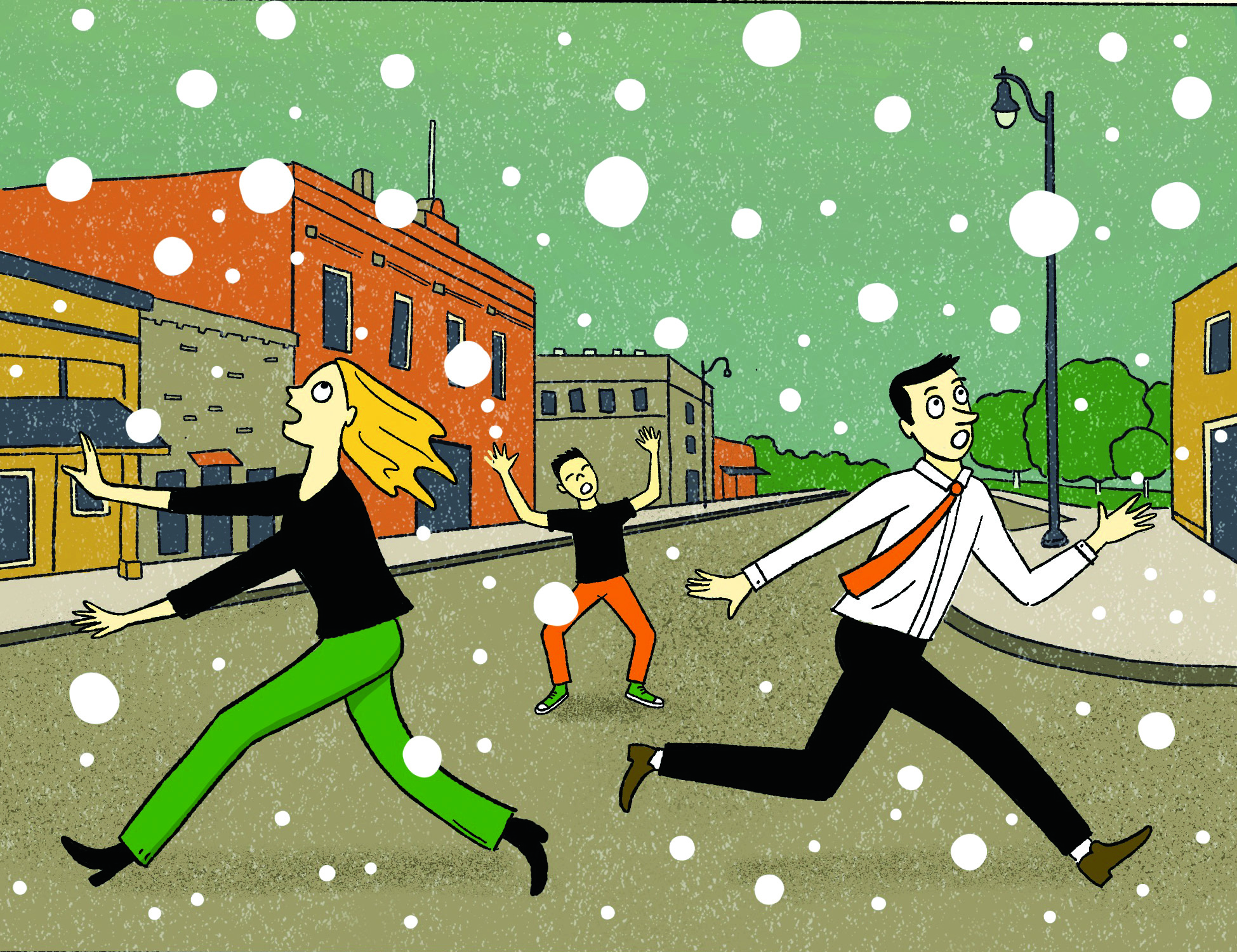 A cartoon of people in a small town scattering in a panic as massive hailstones begin raining from the sky over downtown.