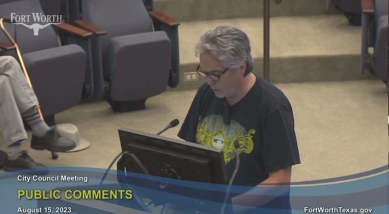 David Bloyed at the podium at a Fort Worth City Council meeting on August 15.