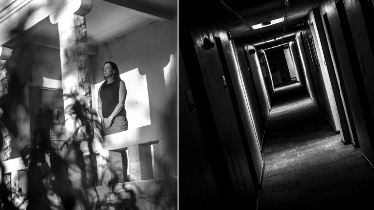 A composite of two black and white images. At left, eanine Plumer, a white woman in a skirt and black sleeveless top stands on the old-fashioned porch of the former Confederate Women's Home, her arms folded and eyes closed with a solemn expression. At right, a diagonally angled shot of a long hallway, alternately seen in light and shadow in rough rectangular patches heading away from the viewer.
